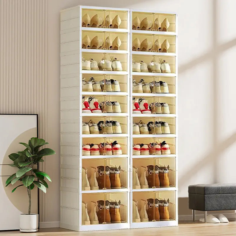 NLDD Expandable 9-Tier Shoe Rack with Clear Doors and Wheels: Collapsible Plastic Storage for 18 Pairs, Space Saving Cabinet for Bedroom Box Boxes, Shoe Box