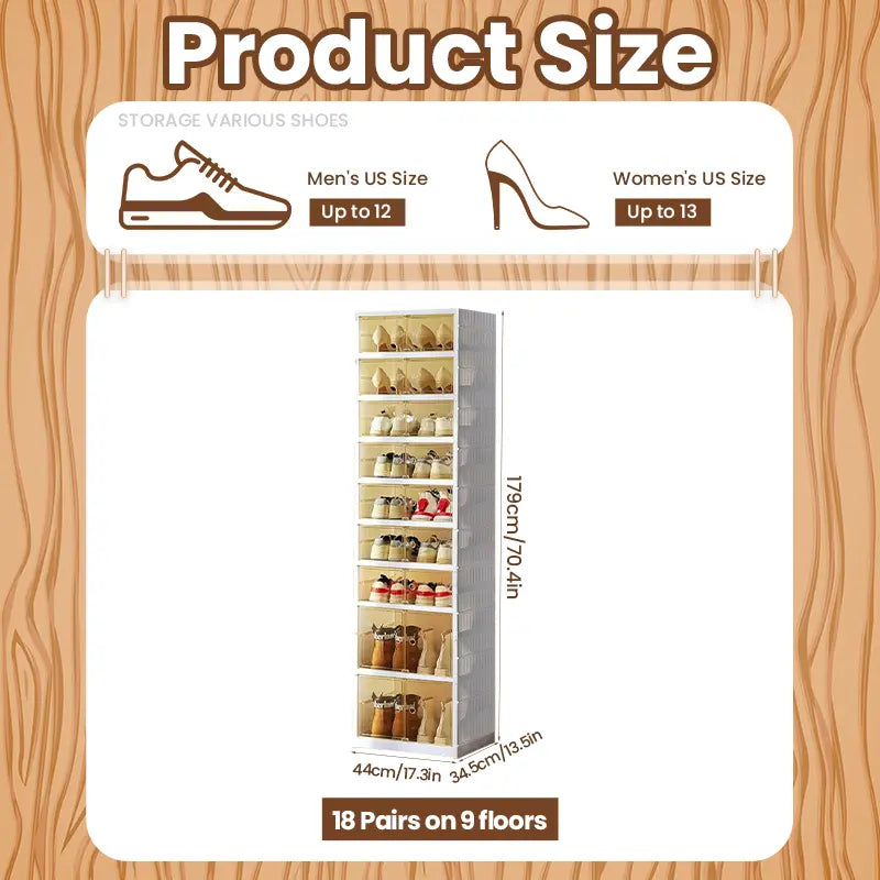 NLDD Expandable 9-Tier Shoe Rack with Clear Doors and Wheels: Collapsible Plastic Storage for 18 Pairs, Space Saving Cabinet for Bedroom Box Boxes, Shoe Box