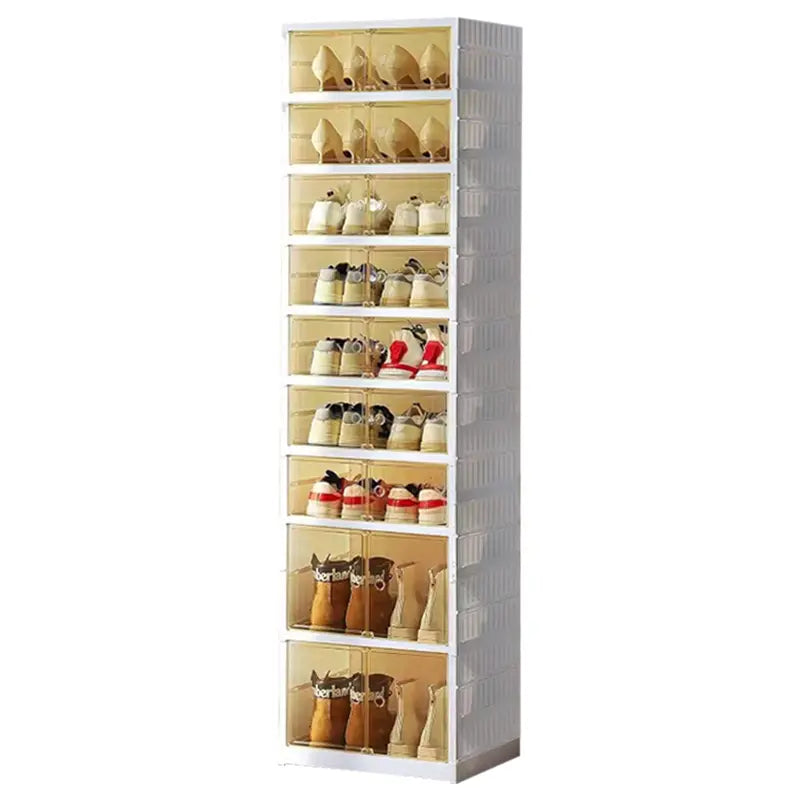 NLDD Expandable 9-Tier Shoe Rack with Clear Doors and Wheels: Collapsible Plastic Storage for 18 Pairs, Space Saving Cabinet for Bedroom Box Boxes, Shoe Box