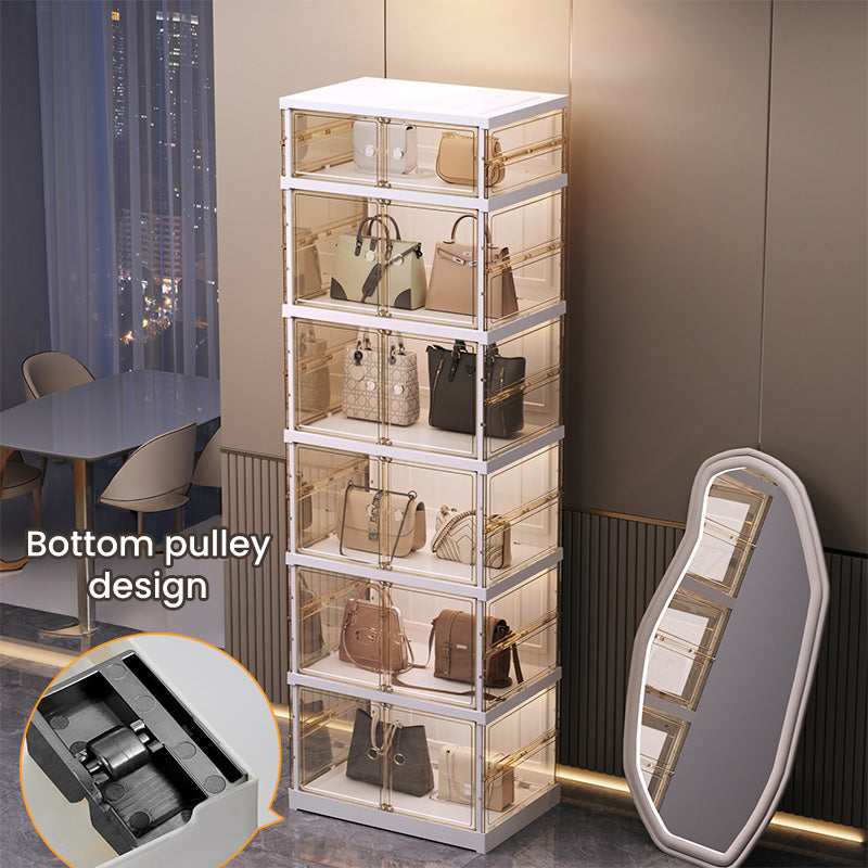 NLDD No-Assembly Foldable Display Cabinet, 3-Sided Clear Visible Showcase with Movable Wheels, Foldable Display Organizer with Magnetic Door, Free Combination for Narrow Spaces