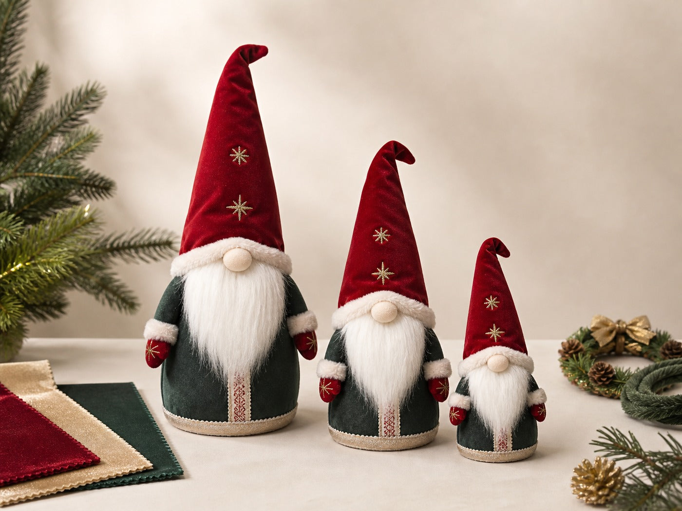Coordinated Christmas gnome trio with visible fabric and construction detail