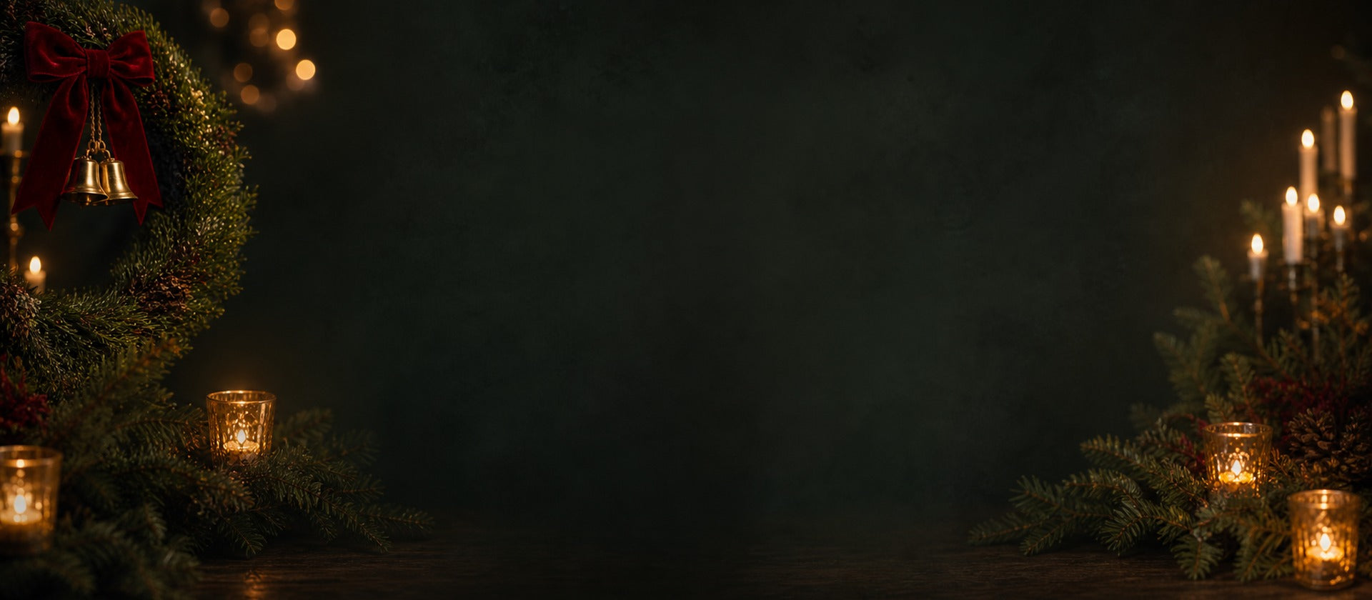 Dark seasonal greenery and candlelight background for the inquiry form